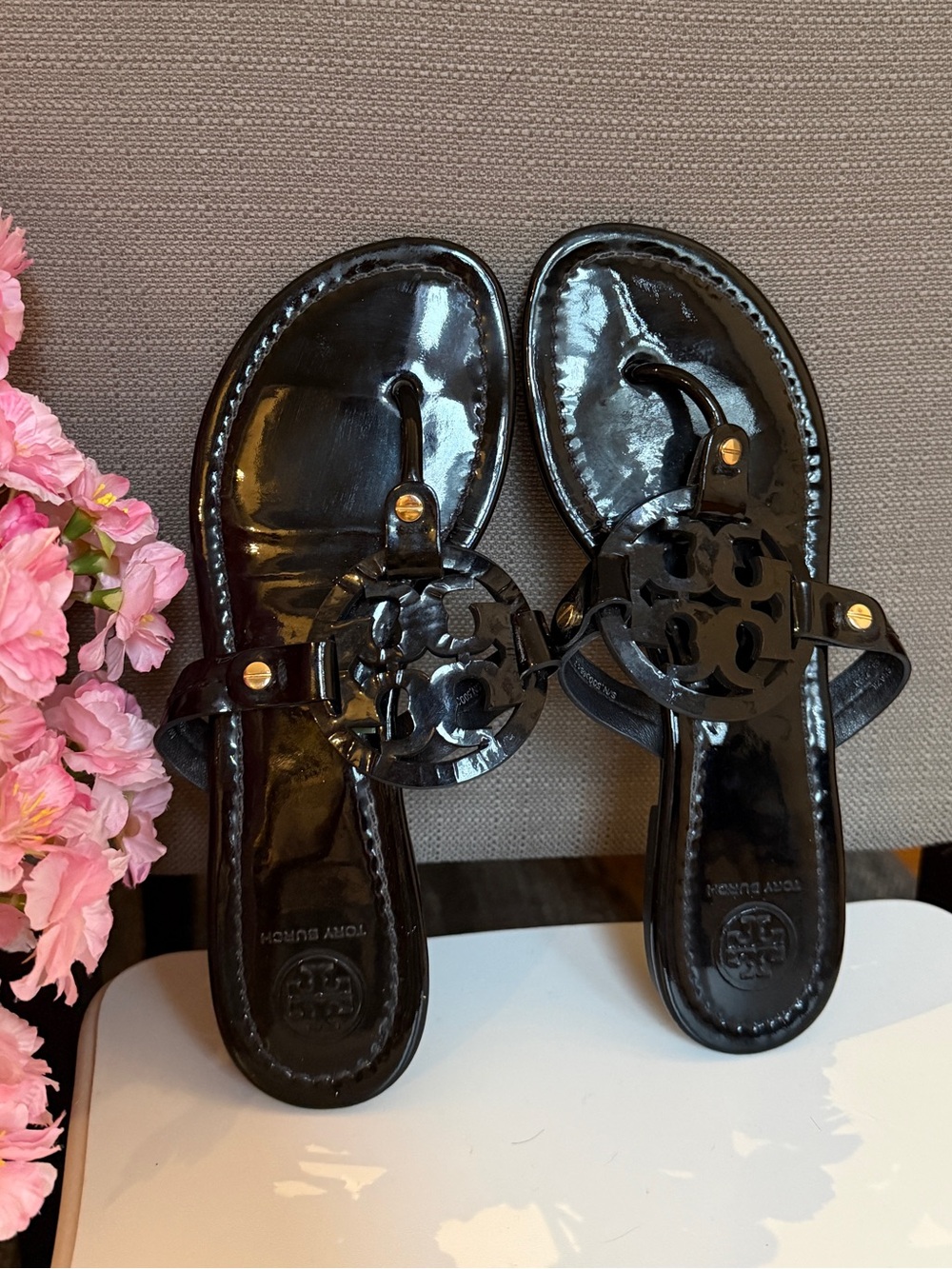 Tory Burch Miller Patent Thong Sandal Black Logo Sandals